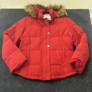 Calvin Klein Puffer Jacket Womens Large Red Faux Fur Hood Down Winter Coat